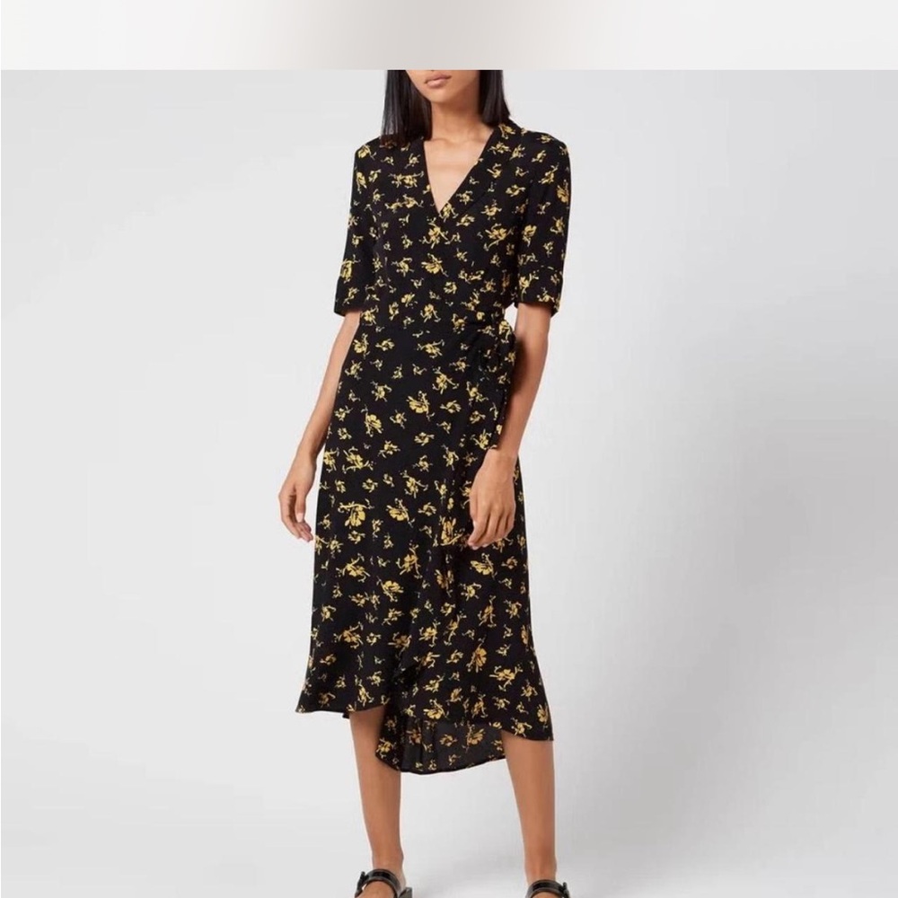 Ganni Black and Yellow Floral Midi Dress